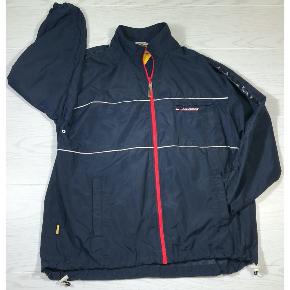 Vintage Tommy Hilfiger Windbreaker Jacket Men XL Blue Full Zip Vented Pocket Y2K